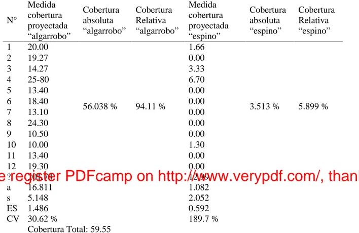 CUADRO  06:  Cobertura  de  fronda  proyectada  al  suelo  por  Prosopis  pallida  “algarrobo” y por  Acacia macracantha “espino” en el Bosque Cañoncillo,  La libertad, Perú