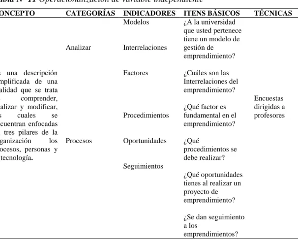 Tabla Nº 11 Operacionalización de variable independiente 