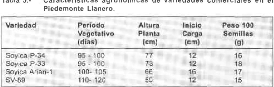 Tabla 5.. C a r a c t e r í s t ¡ c a s  a g r o n ó m i c a s  d e  v a r i e d a d e s  c o m e r c ¡ a l e s  e n   e l P ¡ e d e m o n t e   L l a n e r o , E n t r e  la s  v a r i e d a d e s   c o m e r c i a l e s   d e  m a y o r  a d a p t a c i 