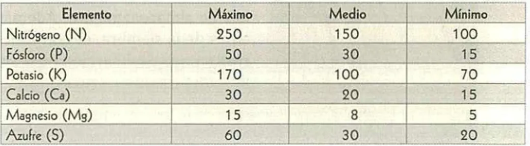 Tabla 3. Extracción de nutrientes de un cultivo de ajo Rubí-1 con un rendimiento de 10 toneladas por hectárea (datos en kg/ha).