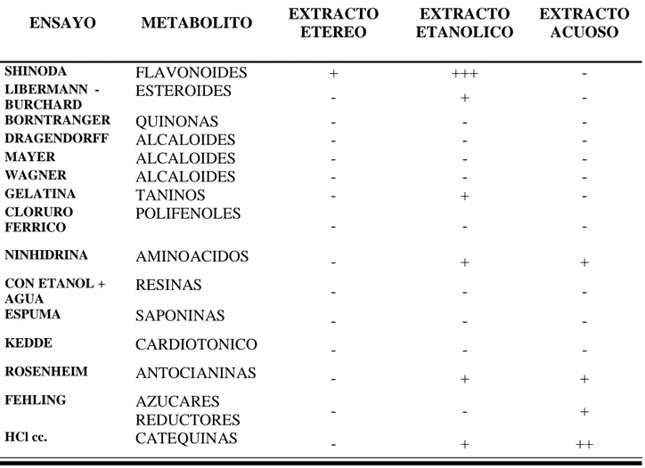 TABLA VII: METABOLITOS SECUNDARIOS EN EL EXTRACTO ETÉREO DE LA HOJA DE Mangífera indica L.