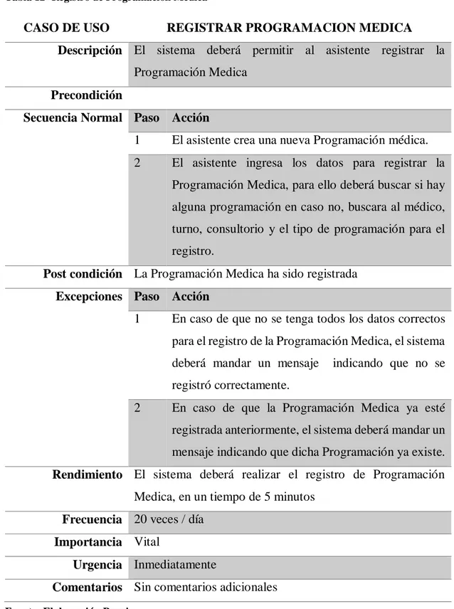 Tabla 12- Registro de Programación Medica 