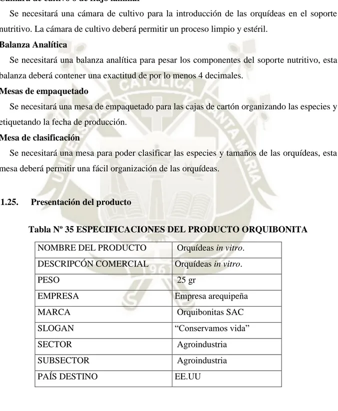 Tabla Nº 35 ESPECIFICACIONES DEL PRODUCTO ORQUIBONITA  NOMBRE DEL PRODUCTO   Orquídeas in vitro