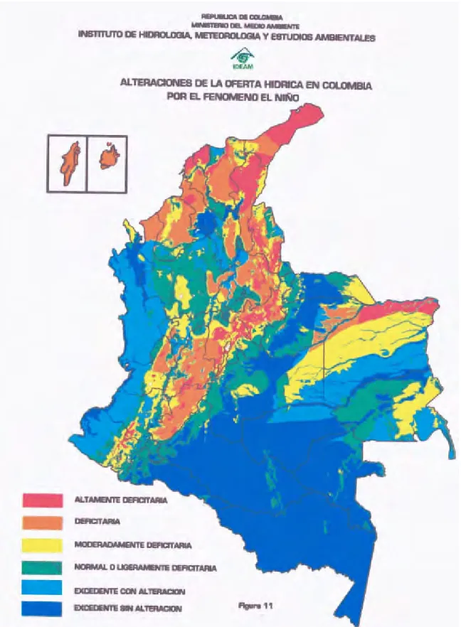 Figura 6. Mapa de alteraciones de la oferta hídrica en Colombia por efecto del fenómeno El Niño