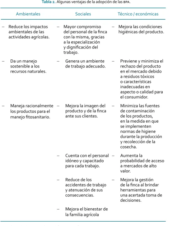 Tabla 2. Algunas ventajas de la adopción de las bpa.