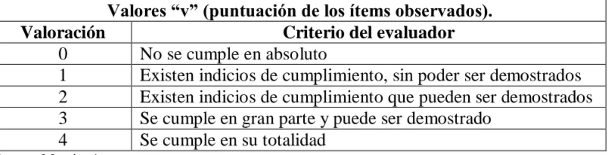 Tabla 7. Valores a criterio del evaluador. 