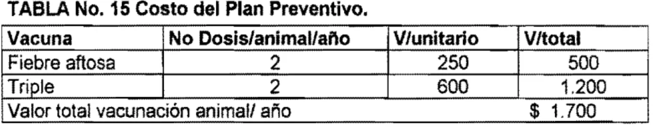TABLA No. 15 Costo del Plan Preventivo. 