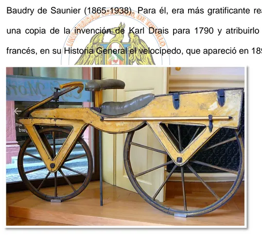 Fig. N°2.2. La draisiana (ca. 1820) era el primer vehículo de dos ruedas  dispuestas en línea, y el primer vehículo práctico de propulsión humana