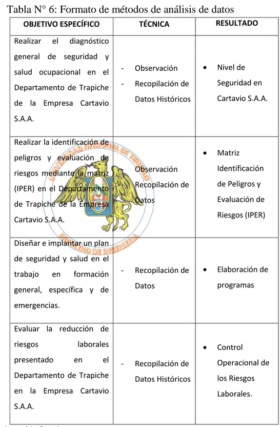 Tabla N° 6: Formato de métodos de análisis de datos 