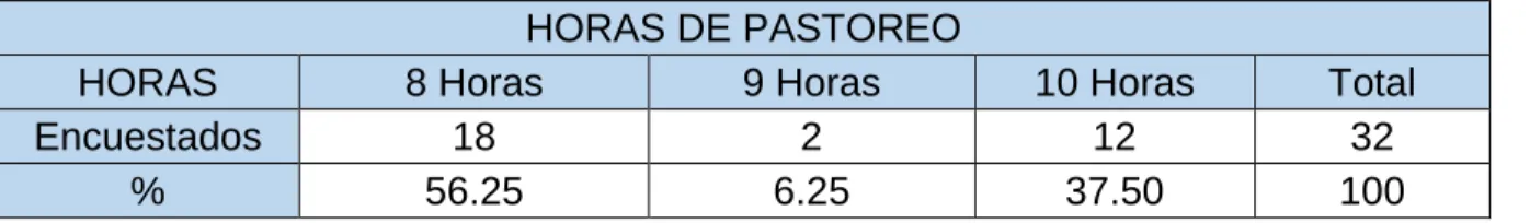 Tabla 13.  Horas de pastoreo 