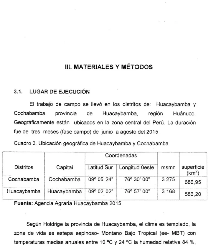 Cuadro 3. Ubicación geográfica de Huacaybamba y Cochabamba  Coordenadas 