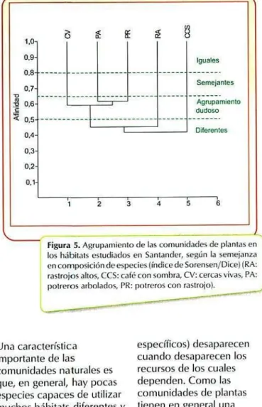 Figura S. Agrupamiento de las comunidades de plantas en los híhiiats estudiados en Santander, según la semejanza en composición (le especies (índice de Sorensen/Dice) (RA: