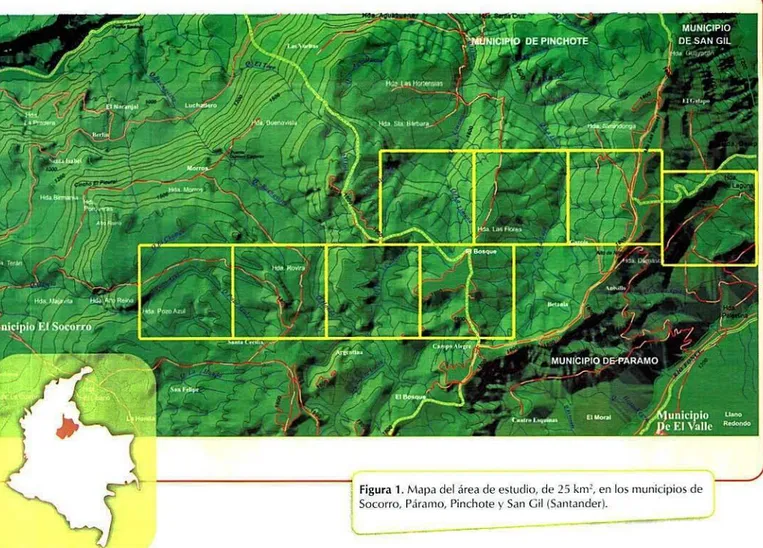 Figura 1.  Mapa del área de estudio. de 25 km, en los municipios de Socorro, Páramo, Pinchote y San Gil lSantander.