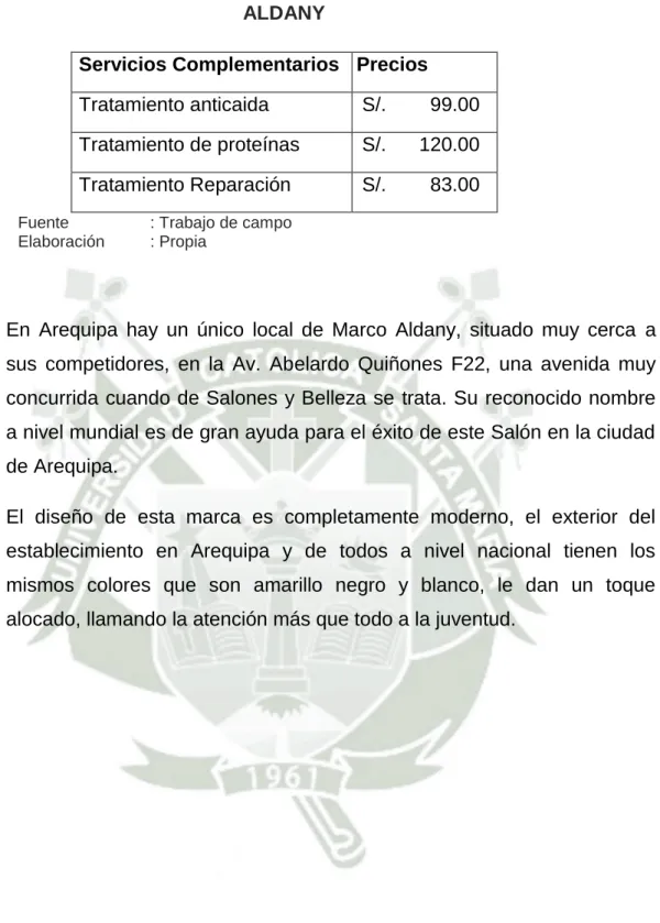 TABLA N° 8: PRECIOS DE LOS SERVICIOS COMPLEMENTARIOS DE MARCO  ALDANY 