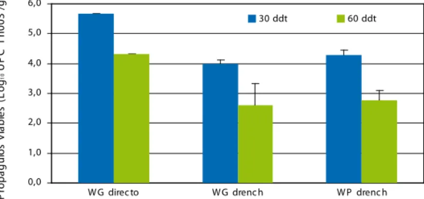 Figura 26. Efecto de la forma de aplicación de los prototipos de formulación WG y WP a base de T