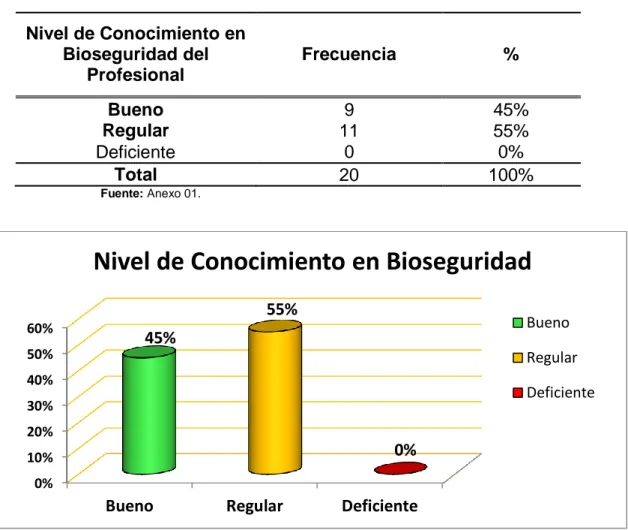 Tabla 07. Nivel de conocimiento en Bioseguridad del profesional de enfermería  del Servicio de Emergencia del Hospital Regional Hermilio Valdizán Medrano 