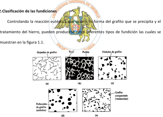 Figura 1.1. Dibujos esquemáticos de las cinco tipos de hierros fundidos a) fundición gris; b) 