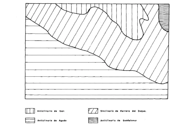 Fig.  9.  Dominios  estructurales  de  la  hoja  de  Herrera  del  Duque.  ! o : o  · · % · .., o ~ u e ¡¡; · .., o o e u e e  