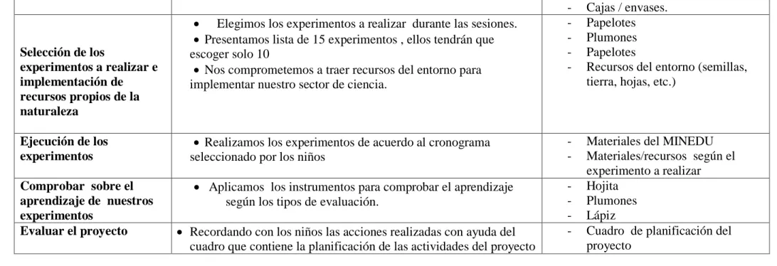cuadro que contiene la planificación de las actividades del proyecto 