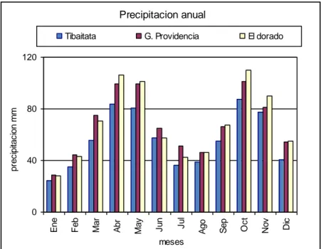 Figura 3-1:  Precipitación media mensual para las estaciones de la Sabana de Bogotá 