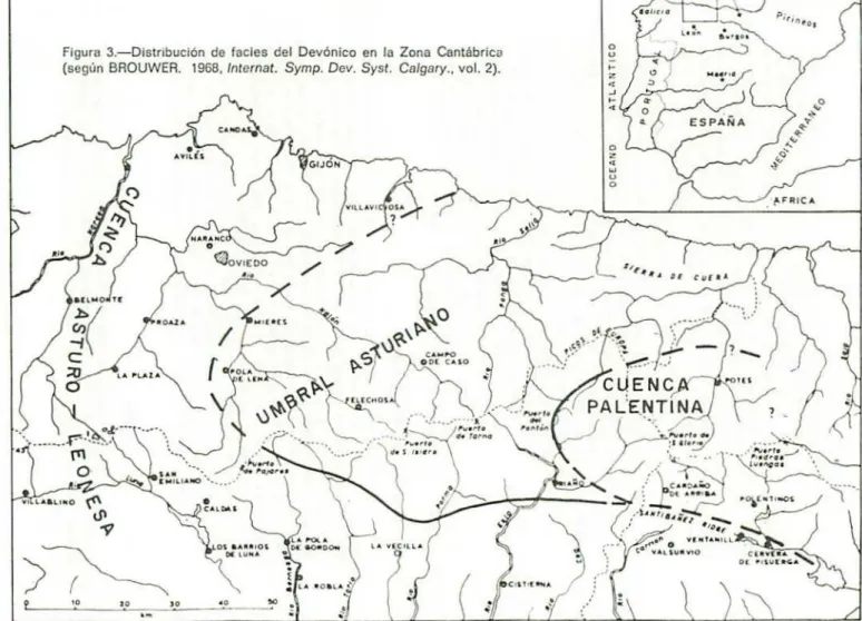 Figura 3.-Distribucion de facies del Devánico en la Zona Cantábrico (según BROUWER. 1968, Internat