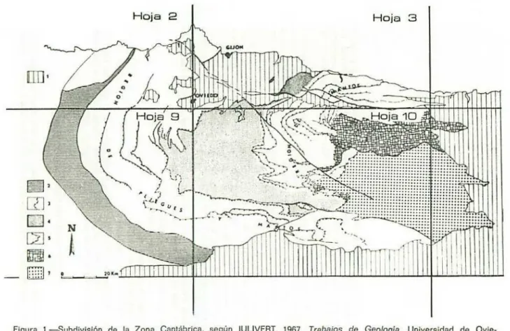 Figura 1.-Subdivisión de la Zona Cantábrica, según JULIVERT, 1967. Trabajos de Geología, Universidad de Ovie- Ovie-do, n.' 1) y posición de las Hojas, n.l 2 (Avilés), n.o 3 (Oviedo), n.o 9 (Cangas de Narcea) y n.o 10 (Mieres)