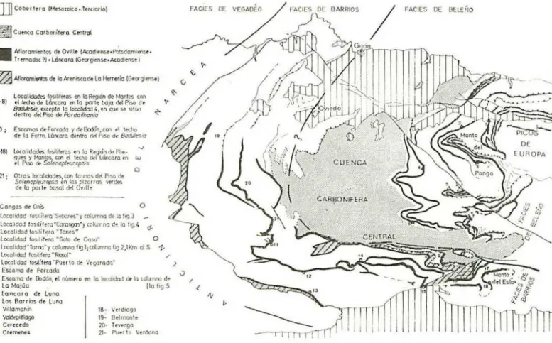 Figura 2.-Mapa de afloramientos de¡ Cámbrico de la zona Cantábrica, distribución de las diferentes facies de¡ Cámbrico Medio y localización de las localidades fosilíferas (según ZAMARREÑO &amp; JULIVERT, 1967, Trabajos de Geología, Universidad de Oviedo, n