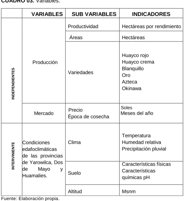 CUADRO 03. Variables.  
