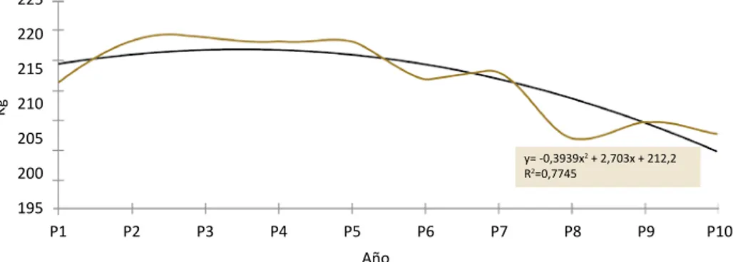 Gráfico 3.6. Efecto del número de parto sobre el peso ajustado a los 480 días  en la raza bovina criolla BON del C.I