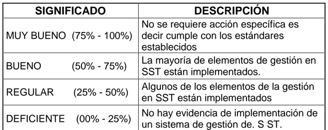 Cuadro N° 12.  Definición de puntaje de la evaluación del SGSST 