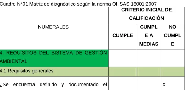 Cuadro N°01 Matriz de diagnóstico según la norma OHSAS 18001:2007 