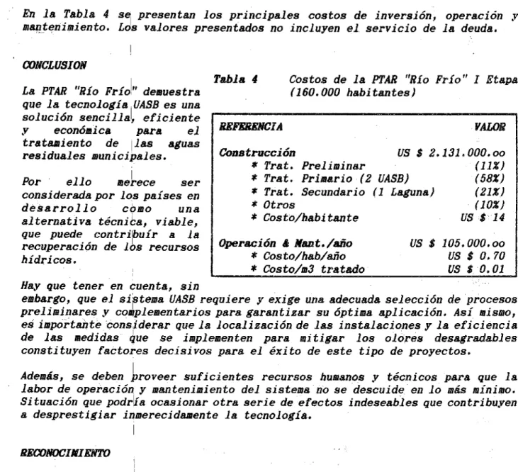 Tabla 4	Costos de la PTAR &#34;Río Frío&#34; 1 Etapa (160.000  habitantes)