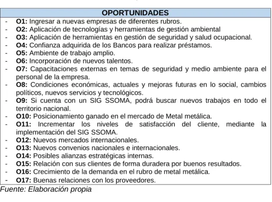 Cuadro N° 6: Cuadro de oportunidades