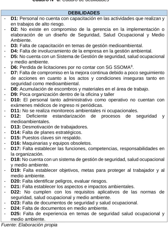 Cuadro N° 8: Cuadro de debilidades