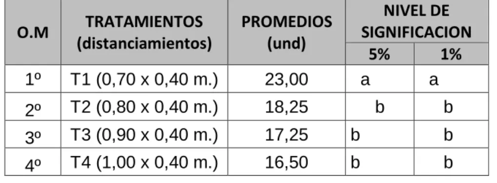 Cuadro 04. Prueba de Duncan para número de mazorcas por área neta  experimental (unidades) 