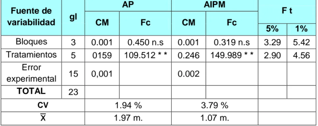 Cuadro 03.  Resumen  del ANVA  de  las  variables  altura  de planta  (AP)  y altura de  inserción a la primera mazorca (AIPM) 