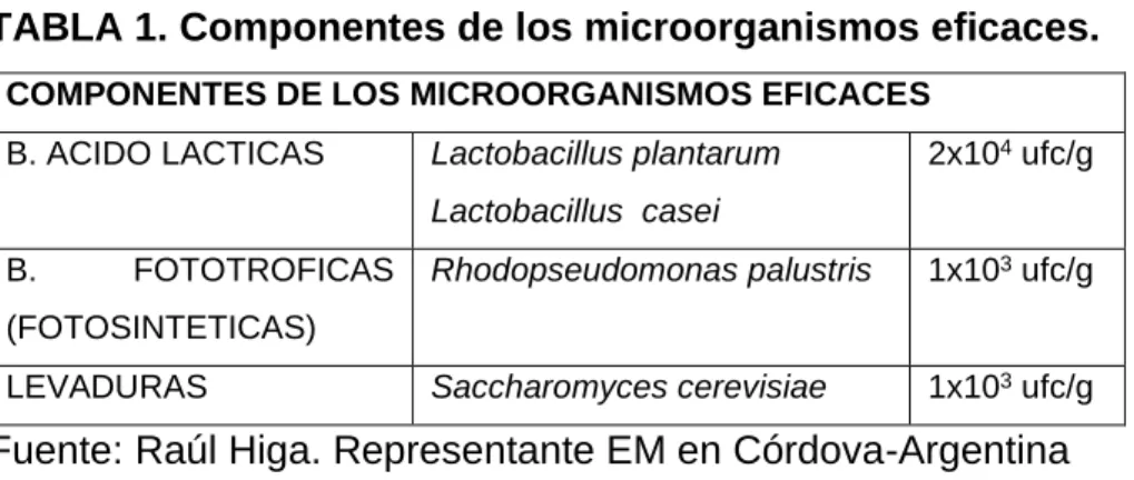 TABLA 1. Componentes de los microorganismos eficaces. 