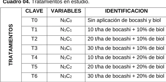 Cuadro 04. Tratamientos en estudio. 