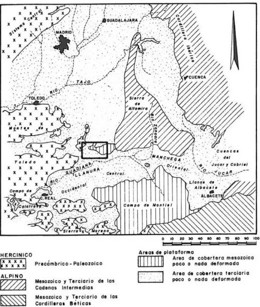 Fig. 1.- Situación del área estudiada dentro de la Submeseta Meridional. Esquema simplifica- simplifica-do del de A