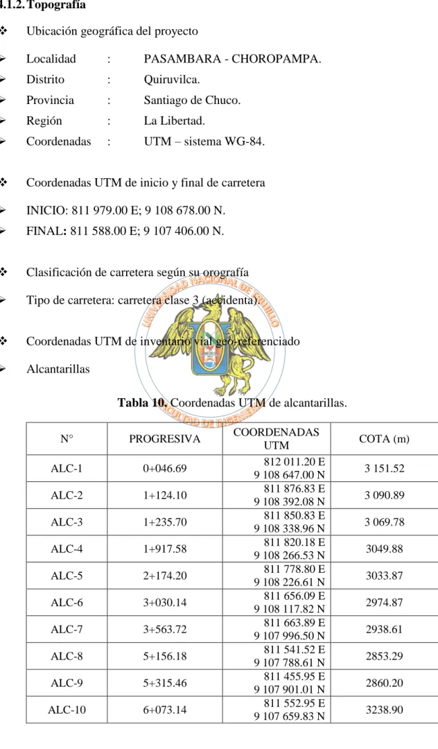 Tabla 10. Coordenadas UTM de alcantarillas. 