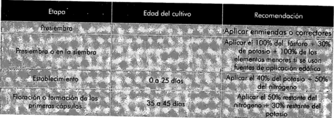 Tabla 8. Aplicación de nutrientes a la variedad Gaitana M 109.