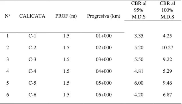 Tabla 19Cuadro de resumen del ensayo de CBR de las muestras patrón 