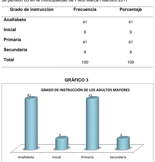 TABLA 3. Grado de instrucción de los adultos mayores que asisten al programa  de pensión 65 en la municipalidad de Pillco Marca Huánuco 2017 