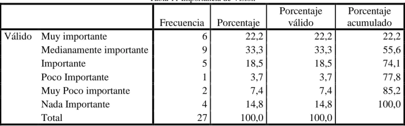 Tabla 11 Importancia de Visión 