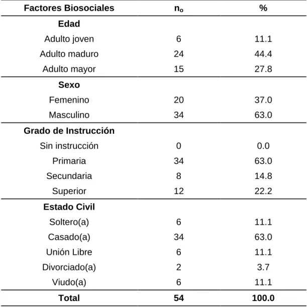TABLA Nº 1                                                                                                                   RELACION DE 54 PACIENTES SEGÚN FACTORES BIOSOCIALES EN 
