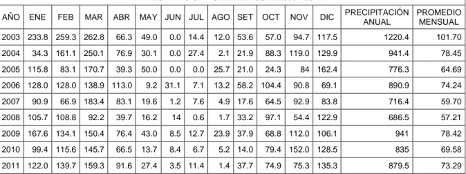 Tabla N° 3. PRECIPITACIÓN TOTAL ANUAL Y PROMEDIO MENSUAL 2003 –  2011 