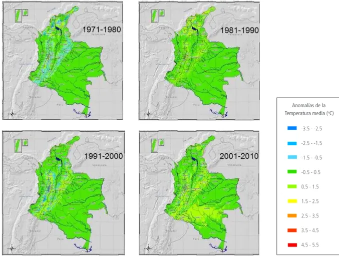 Figura II-6. Distribución espacial de las diferencias promedio decadal  (1971-1980,1981-1990, 1991-2000,  2001-2010) de la temperatura ( o C) con tendencia para Colombia