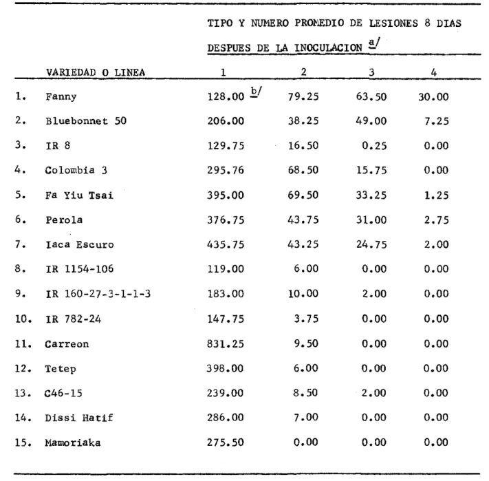 TABLA  4.  N~mero  promedio  de  lesiones  debido  a  la  raza  IC~l  de  l.  Oryzae  en  15  variedades  o  1ínes  de  arroz  bajo  condiciones  de   invernade-ro