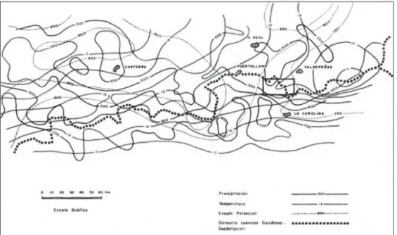 Fig. 7.1.- Mapa regional de isoyetas, isotermas y E.T.P.