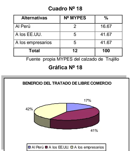 Cuadro Nº 18  Alternativas  Nº MYPES  %  Al Perú  2  16.67  A los EE.UU.  5  41.67  A los empresarios  5  41.67  Total  12  100 